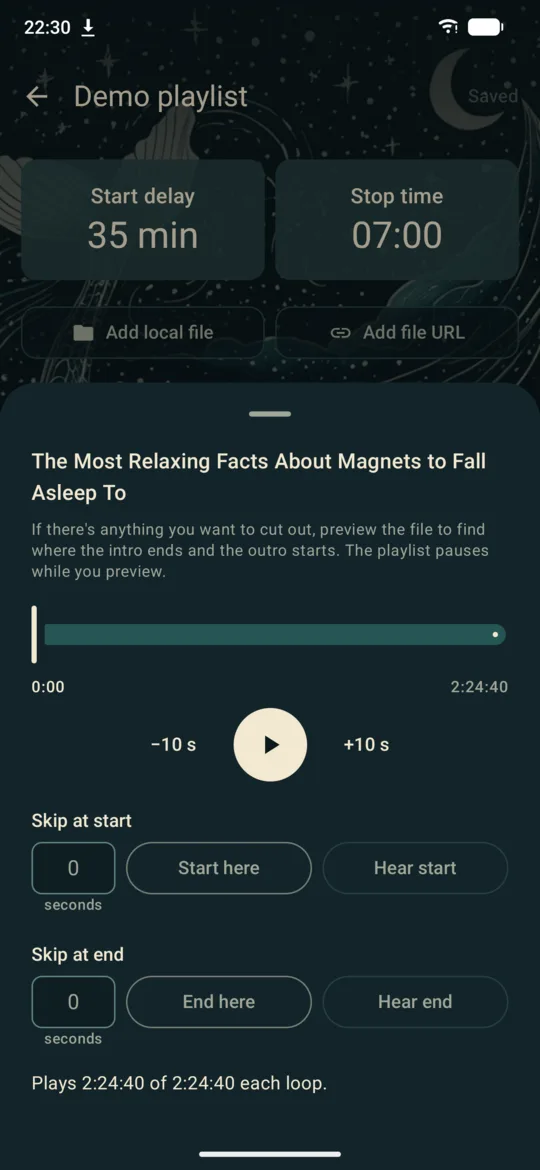 Track settings with a preview player and skip fields