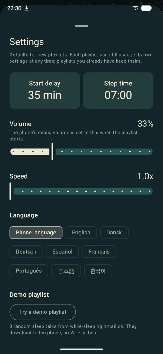 Settings with defaults for new playlists and language choice