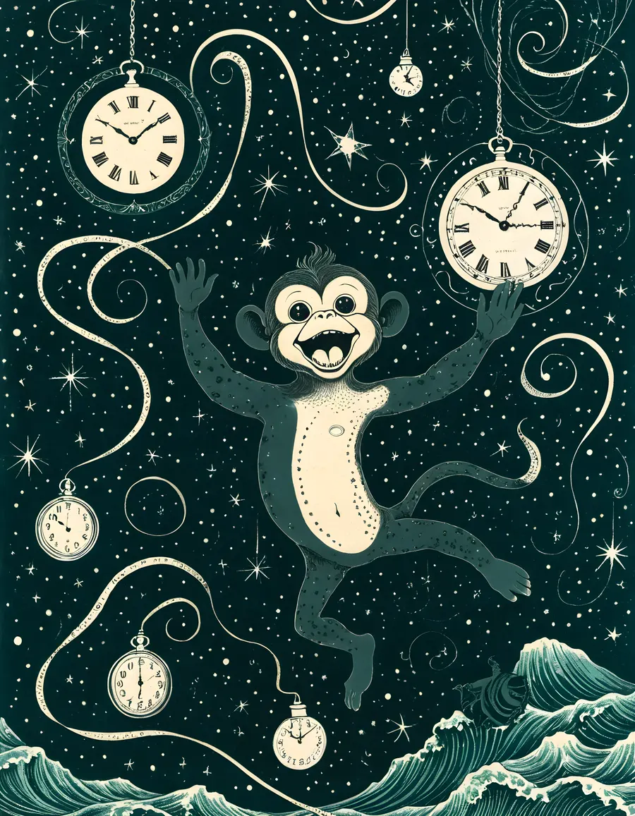 A frantic monkey leaping through a starry night sky, surrounded by flying alarm clocks, lightbulbs and tangled thoughts